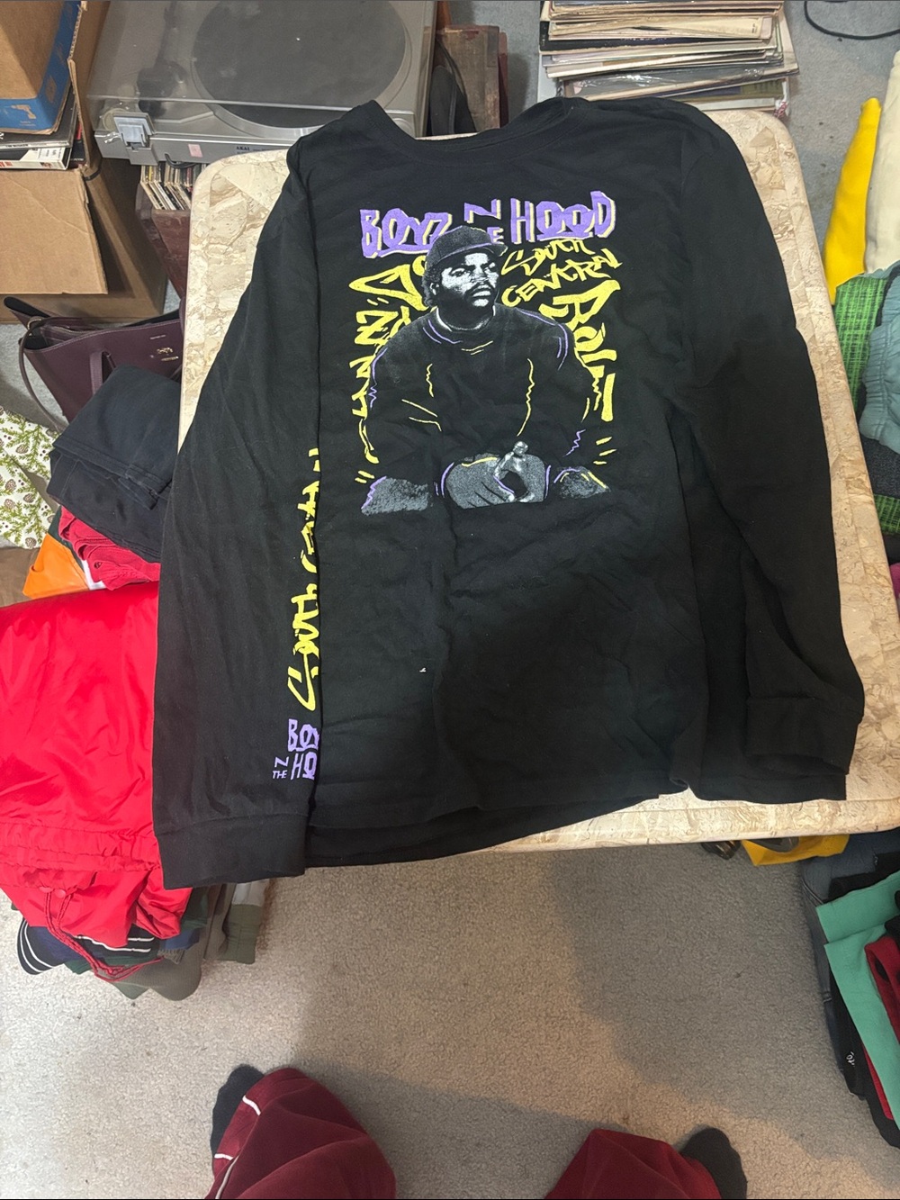 Black Graphic Long Sleeve Tee with Purple & Yellow Artwork
